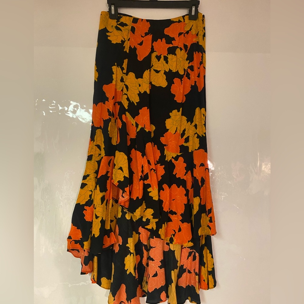 Topshop Midi Skirt Black and Orange Floral Asymmetrical Ruffle Boho size 8